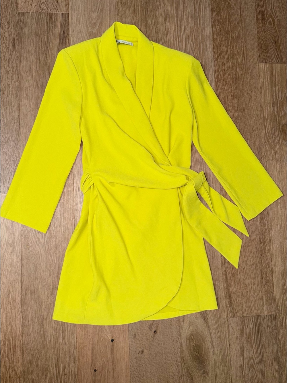 Zara Neon Yellow Wrap Dress with Waist Tie - Long Sleeve